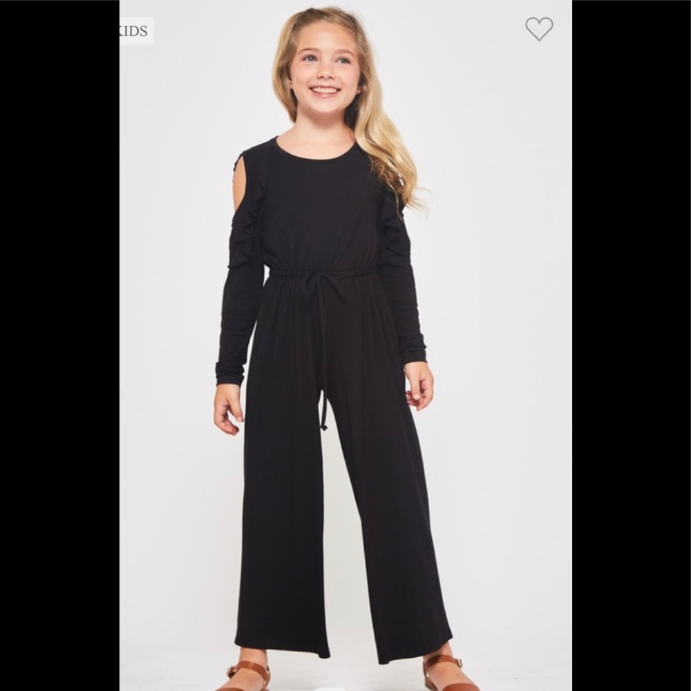 Kids Solid Black Jumpsuit w/ open Shoulder Ruffle